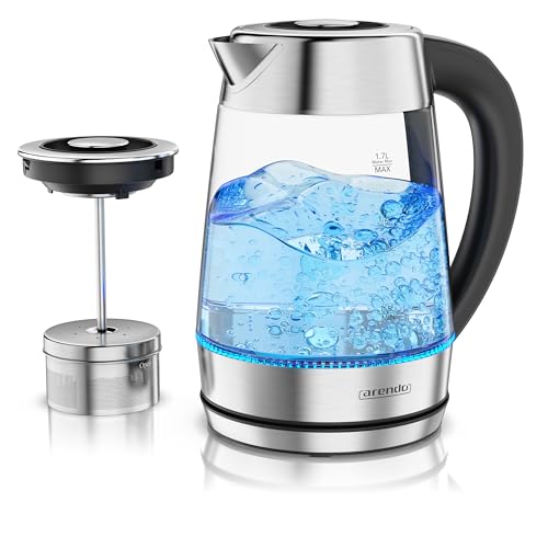 Arendo - Wasserkocher Glas inkl. Teesieb - Teekocher mit Temperatureinstellung – 1,7 Liter – Glas und Edelstahl – 5 Temperaturen – temperaturabhängige LED-Darstellung – Warmhalten bis zu 2 Stunden