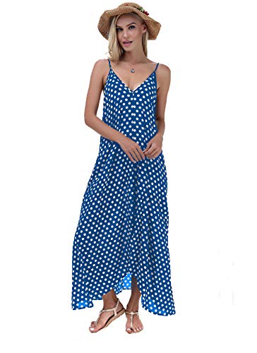 LILBETTER Women V-Neck Polka Dot Print Spaghetti Strap Boho Long Maxi Dresses(Light Blue,X-Large)
