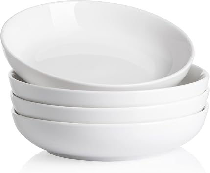 Sweejar Pasta Bowls, Ceramic Dinner Plates, 25oz Salad Serving Bowls for Soup, Dessert, Pizza, Fruit, Steak, Microwave Dishwasher Safe, Set of 4 White