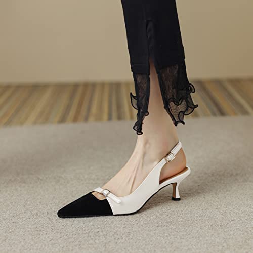 Lutalica W Women's Fashion Pointed Toe Patent Leather 2IN Buckled Strappy Two-Tone Low Kitten Heel Dress Slingback Pumps2