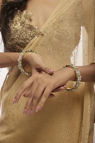 Image of LAVAZZA Stylish Butterfly Design Golden Metal with Zircon Diamond & Pearls Moti Bangles Kada For Women & Girls | Traditional Girl's Bangles Bracelet | Women's Kangan Wedding, Party-Set of 2