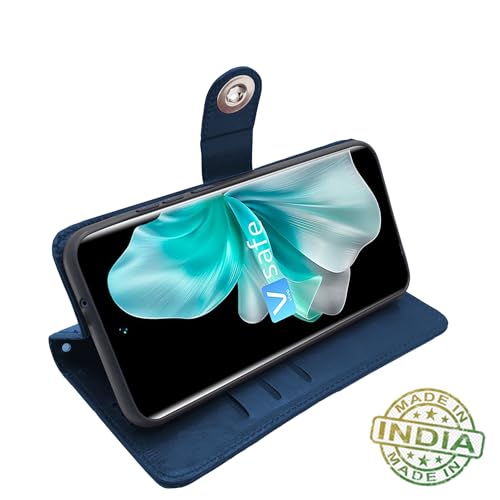 Image of Pikkme Vivo V30 5G Flip Cover Leather Finish | Inside TPU with Card Pockets | Wallet Stand and Shock Proof | Complete Protection Button Flip Case (Blue)