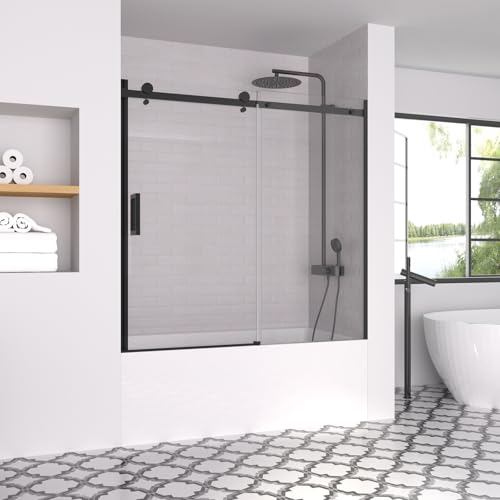 ACE DECOR 56-60\" W x 58\" H Frameless Bathtub Sliding Doors, Glass Shower Door for Tub with 5/16\" (8mm) Clear SGCC Tempered Glass, Matte Black Finish Shower Doors, Reversible Installation - Thumbnail 3