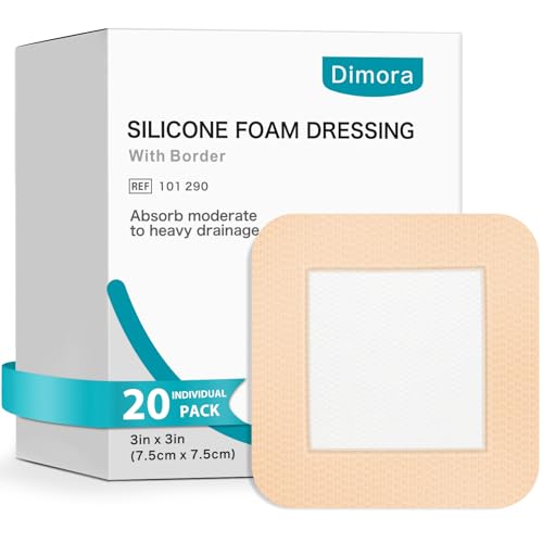 Dimora Silicone Foam Dressing 3x3 inch with Border 20 Pack, Wound Bandage, Gentle Adhesive Waterproof Pads for Sensitive Skin Wound Care 7.5x7.5 cm