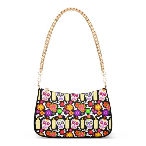 Sugar Skulls Shoulder Bag for Women, Handbag with Chain Strap, Soft Purse Tote Bag for Ladies