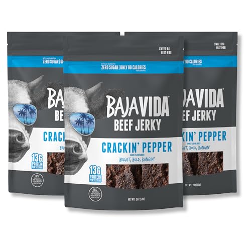 Baja Beef Jerky - 100% All Natural Beef Jerky, Keto Jerky, Gluten Free, Low Calorie Craft Jerky, 13g Protein per Serving, No Nitrates or Added Hormones - Crackin' Pepper, 2 oz Bag (Pack of 3)
