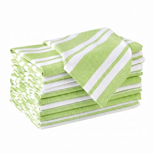 Image of Encasa XO Dining Table Napkins Set of 12, 43x43 cm | Machine Washable Reusable, Recycled Cotton Cloth Napkin, Soft & Absorbent, Table Decor for Hotels, Farmhouse - White & Franca Lime Stripes