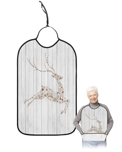 Adult Bibs for Elderly Women - Christmas Elk Waterproof Dining Clothing Protectors with Crumb Catcher for Eating/Feeding, Vintage Wooden Xmas Deer Gifts Botanical Terry Cloth Bib Machine Washable