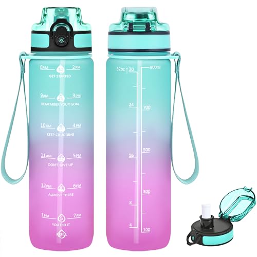Image of HDPE 32oz Water Bottle with Straw, Time Marker & Fruit Strainer, Transparent Gradient Color Water Bottle with Times to Drink, Leakproof & BPA Free, Reusable Bottle with Strap, 907 ml