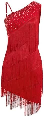 Women One Shoulder Fringe Latin Dance Dress Rhinestone Jazz Salsa Tassel Rave Costume Flapper Ballroom Dance Outfits, Red, Small