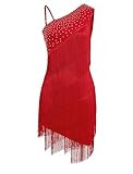 EFOGEP Damen Asymmetrisch Eine Schulter Strass Fransen Latin Dance Kleid 1920s Pailletten Quaste Flapper Kleider Salsa Cha-Cha Ballroom Dance Kostüm Rot L