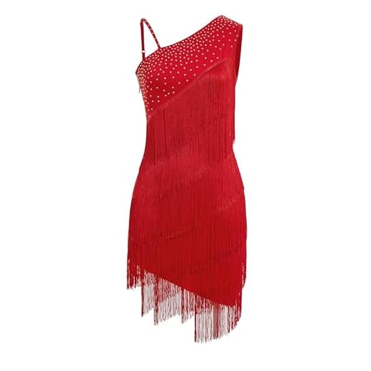 EFOGEP Damen Asymmetrisch Eine Schulter Strass Fransen Latin Dance Kleid 1920s Pailletten Quaste Flapper Kleider Salsa Cha-Cha Ballroom Dance Kostüm Rot M