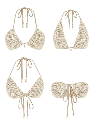 ZAFUL Women's Bikini Set Fishnet Triangle Tie Convertible Collar Halter Bandeau Shell Two Piece Bathing Suit Khaki - Image 2