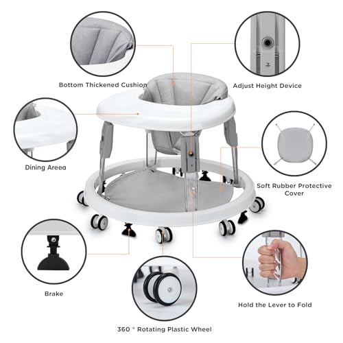 Image of Baby Walker with Wheels, One-Touch Folding Baby Walkers with Height Adjustment and Brake, Portable Walker for Baby Boy Girls 6-18 Months, Grey