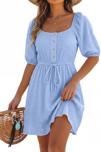 Dokotoo Women's Square Neck Puff Sleeve Dress Casual Summer A-Lin...