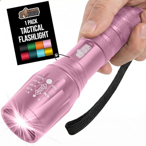 GORILLA GRIP Powerful LED 750 FT Water Resistant 5 Adjustable Mode Tactical Flashlight High Lumens Ultra Bright Battery Life Zoom Flashlights Small Camping Car Mini Flash Light Accessories Pink