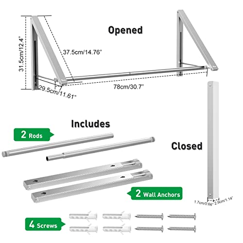 Anjuer Laundry Room Drying Rack Wall Mounted Clothes Hanger Folding Wall Coat Racks Aluminum Home Storage Organiser Space Savers Silver 2 Rakcs With Rod #TOP4
