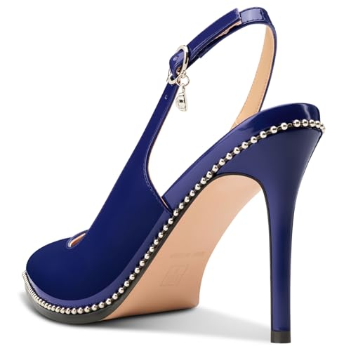 Image of NobleOnly Slingback Beaded Pumps for Women High Stiletto Heel Pointed Toe Slip-on Dress Sandals Adjustable Buckle Rhinestone Patent Leather 3.9 Inches Heels