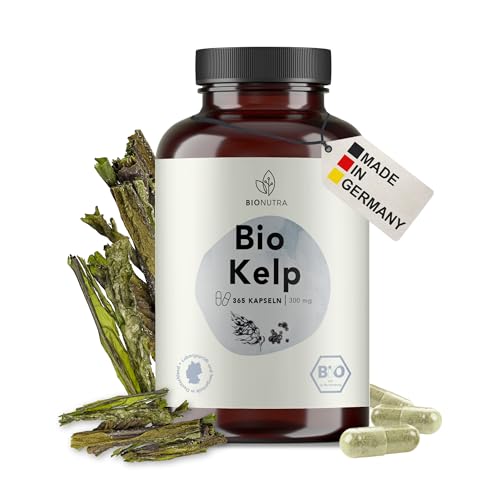 BIONUTRA® Gélules d’iode bio hautement dosées – issues de kelp brun bio d’Écosse, 200 µg/jour, contrôlées résidus, fabrication allemande, véganes, sans additifs, 365 gélules x 300 mg