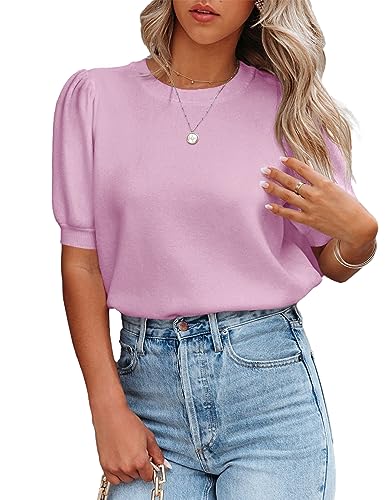 Image of Womens Puff Short Sleeve Sweater Tops Crewneck Basic Knit Pullover Lightweight Casual Sweaters Violet