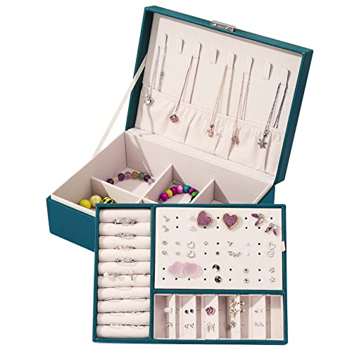 Kinsinder Boîte à Bijoux pour Femme, Coffret à Bijoux en Cuir Verrouillable de 2 Couches Organisateur Bijoux, Jewelry Stockage Cas Rangement, pour Bagues Boucles D'oreilles Colliers Bagues Cover