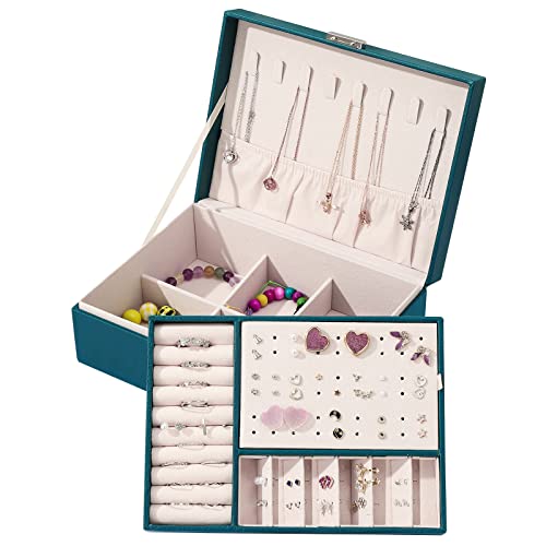 Kinsinder Organizador de caja de joyería para mujer, 2 niveles de cuero sintético con cerradura para joyas, anillos, pendientes, pulseras, collares, organizador de joyas (verde)