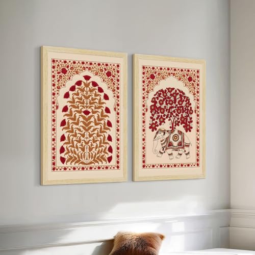 Image of ArtX Paper Elephant Kalamkari Art Paintings with Frame for Home Decor, Floral Wall Painting for Living Room, Multicolor, Natural Wood Color Frames, Set of 2