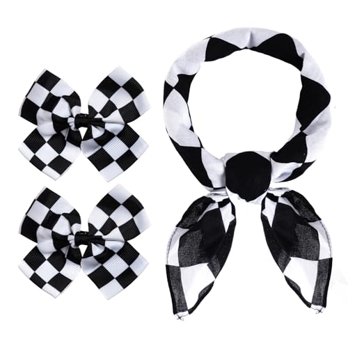 phnydreg Race Car Driver Costume Accessories Checkered Hair Bow Clips and Bandana Set for Girl Halloween Costume