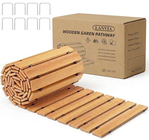 Wooden Garden Pathway Outdoor Walkway - 8 FT Roll Out Outdoor Pathway with Ground Stakes Boardwalk Pavers for Outside Walkway Non-Slip Garden Path for Backyard Decor Lawn Landscaping Natural