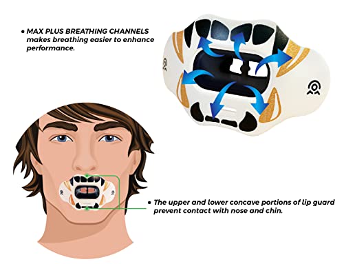 COOLLO SPORTS Lip Guard Mouthguard MAXX/Might Football and High Impact Sports Lip Protector for Adults & Youth (Strap Included) (Golden Black Fangs -(Two Layers), with Case (Adult 8+))