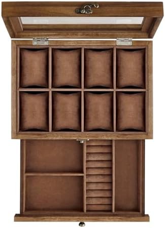 SONGMICS 8 bölmeli saat kutusu, masif ahşaptan yapılmış saat kutusu, cam kapaklı, yüzükler, bilezikler ve kolyeler için, Noel, ceviz rengi JOW008K01 — Amazon ürün görseli