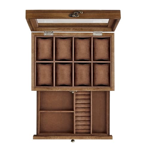 SONGMICS Watch Box with 8 Slots, 2-Tier Wood Watch Case with Large Glass Lid, Watch Pillows, Velvet Lining, Jewellery Box, Gift for Loved Ones, Rustic Walnut JOW008K01
