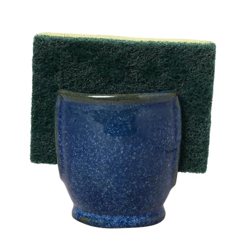 Image of QimacPlus Overseas Sponge Holder with Sponge - Handcrafted Blue Ceramic U-Shaped Sponge Holder Sponge for Stylish and Hygienic Kitchen Organization and Decor