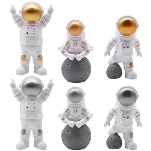 Regerly Figura de astronauta, 6 peças ornamentos de astronauta figura decorativa de astronauta decoração de bolo de astronauta Cake Topper decoração de bolos decoração de secretária ouro prata (6)
