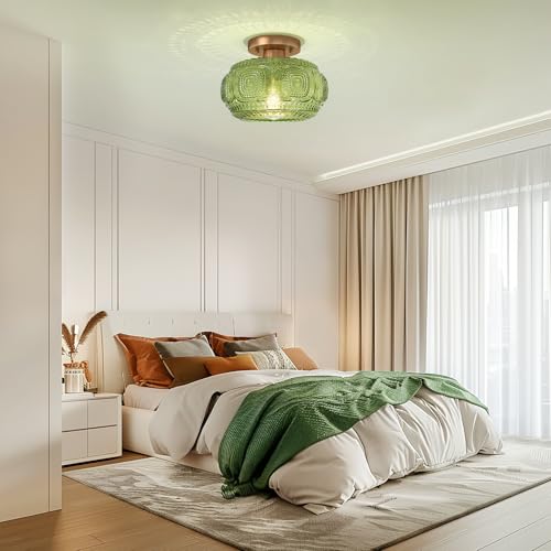 Image of Art Deco Globe Glass Semi Flush Mount Ceiling Light Fixture, Green