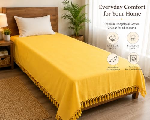 Image of HAIDER ALI AND SONS Bhagalpuri Cotton Chadar for Single Bed | Soft Lightweight Summer AC Chadar | Handloom Cotton Top Sheet | Multipurpose Odhne Wali Chadar | Machine Washable | 245 x 130 cm | Yellow