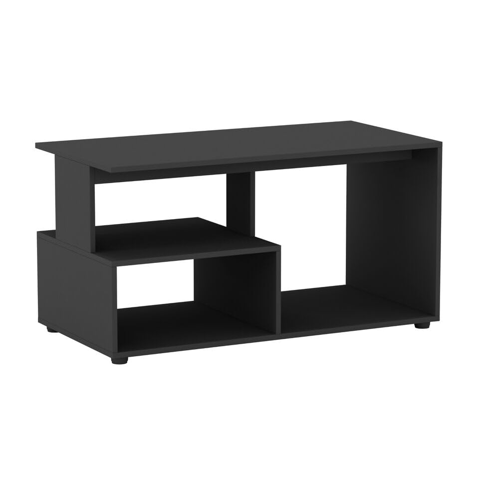 URBNLIVING 80cm Wooden Black Side Coffee Table With Storage Shelves 32 inch max TV size Modern Console Stand Media Entertainment Center for Living Room Bedroom Office