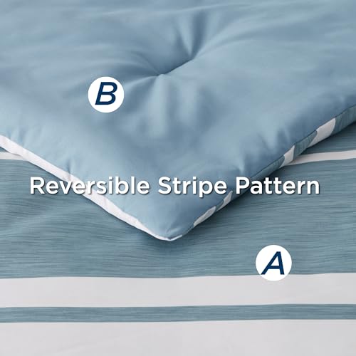 Image of Bedsure Twin Comforter Set 5 Pieces, Grey Blue Striped Bedding Set for All Seasons, Reversible, Cationic Dyeing Bed in a Bag with Comforter, Sheets, Pillowcase & Sham