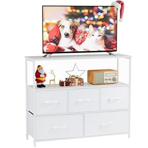 Sweetcrispy TV Stand for Bedroom, TV Dresser for 45 inches, Media Console Table, Entertainment Center with 5 Fabric Drawers Cabinet and Open Storage Shelf Furniture Cabinet for Living Room, Hallway