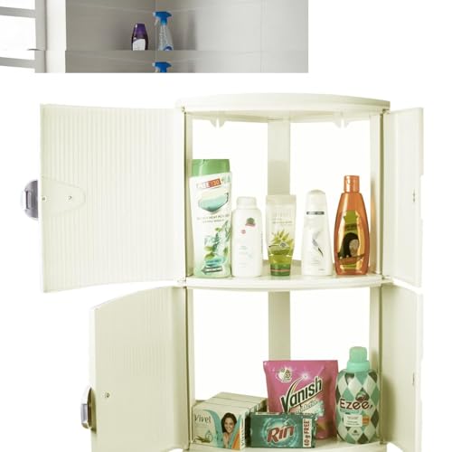 Image of BRANCO Double Door Corner Wall Mounted Multipurpose Bathroom Cabinet with Double Door Shelf Organizer (Ivory)