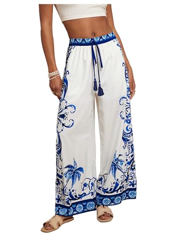 MakeMeChic Women's Boho Floral Wide Leg Summer Vacation Pants Drawstring Elastic Waist Loose Beach Trousers