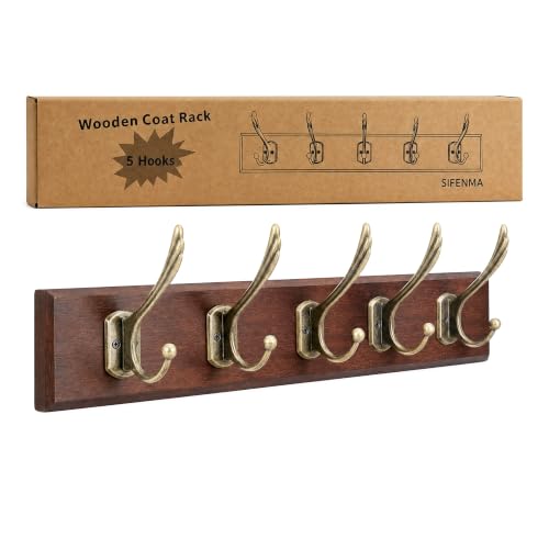 Wall Mounted Coat Rack with Solid Wood, 5 Bronze Metal Hooks – 19.6 Inch Rustic Brown Entryway Organizer for Hanging Coats, Hats, Jackets, Scarves, Bags, for Hallway, Bedroom, Bathroom（5Hooks）