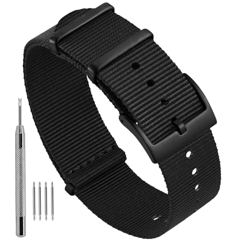Ayadoo 20mm One-Piece Military Style Nylon Watch Band, Black Watch Strap with Black Buckle