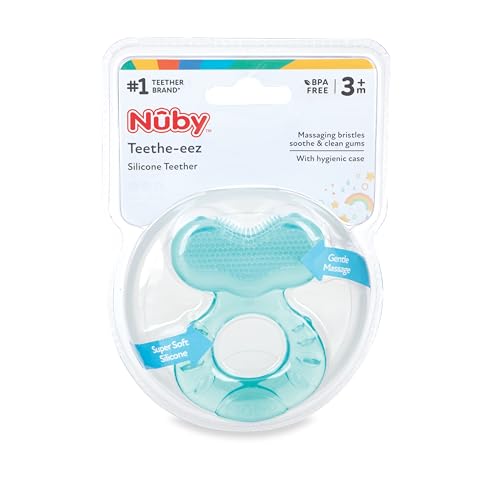 Image of Nuby Teethe-EEZ Baby Teether with Soothing Bristles & Travel Case - Silicone Teether for Babies - 3+ Months - Aqua