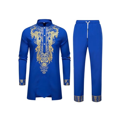 Conjunto genérico africano 2 piezas para hombre manga larga impreso Dashiki camisa y pantalones traje Dubai árabe traje tradicional manga larga superior con estampado dorado pantalones, azul, XL