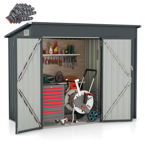 HOMASIS Gerätehaus Metall, Geräteschuppen mit Pultdach & 2 Tür & 2 Lüftungsfenster, 235x117x185 cm, 2,6 ㎡, Gartenhaus mit 2 Paar Handschuhe, Outdoor Gartenschuppen Gartenhütte Wetterfest (Dunkelgrau)
