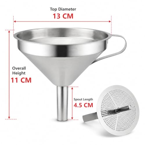 Image of Stainless Steel Funnel with Removable Strainer, 11 cm Wide Mouth Metal Funnel for Bottling Oil, Juice, Powder & Liquid Transfer, Kitchen Filling for Jars, Bottles and Containers