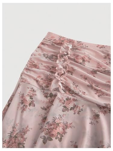 Milumia Women's Floral Asymmetrical Mesh Skirt Boho Ruched Ruffle Trim Midi Skirts3