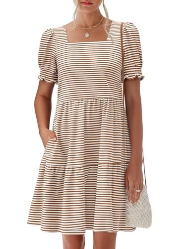 Image of ANRABESS Women Summer Square Neck Puff Short Sleeve Mini Dress 2026 Casual Flowy Sundress Beach Vacation Clothes with Pockets