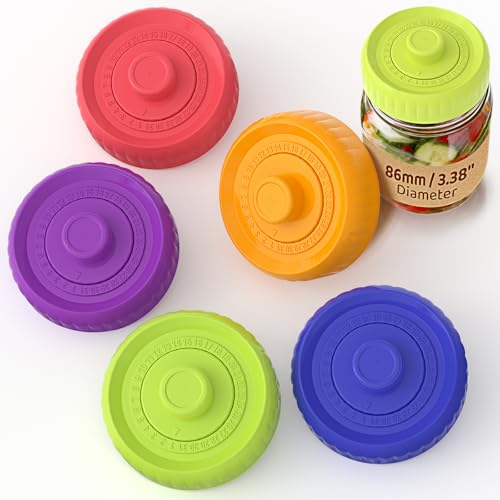 Fermentation Lids Self-Burping Airlock Lids for Wide Mouth Mason Jars (86mm)|Heavy-Duty 100% Silicone One-Piece Seamless Hygienic Design|Upgrade Your Jar for Sauerkraut & Kimchi (5-Pack Rainbow)
